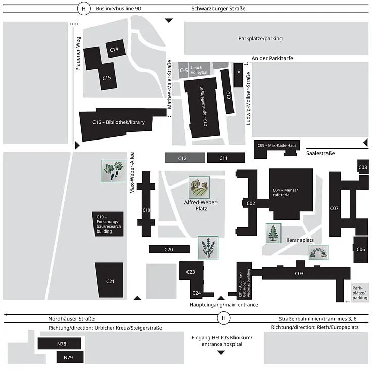Campusplan mit Kennzeichnung der Audio-Guide-Stationen