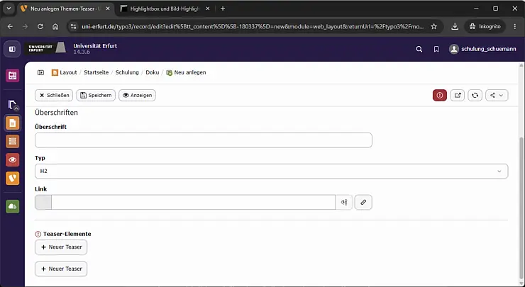 Screenshot: Button „Neuer Teaser“