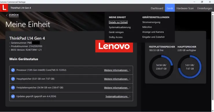 Fenster Gerät der Lenovo Commercial Vantage Software