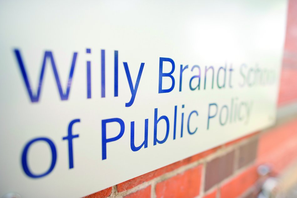 Entrance sign at the Willy Brandt School of Public Policy, University of Erfurt