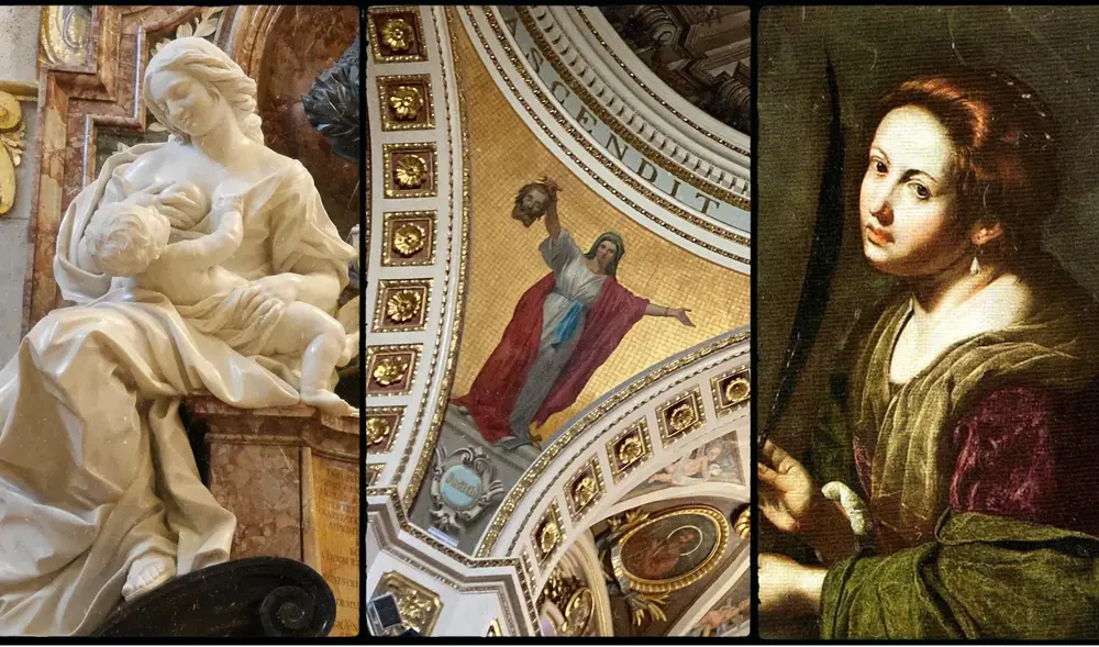 Collage mit Abbildungen einer stillenden Madonna, der Judit mit dem Kopf des Holofernes und der Heiligen Lucia