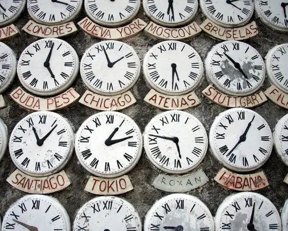Clocks from different time zones on a wall. 