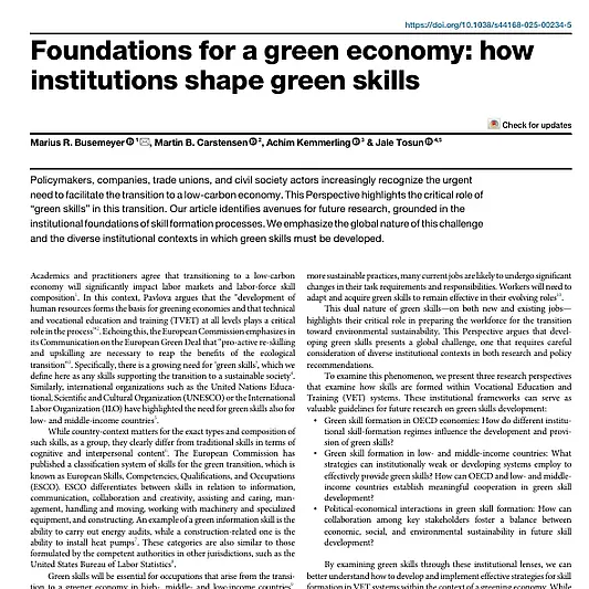 Publication Cover "Foundations for a green economy: how institutions shape green skills"