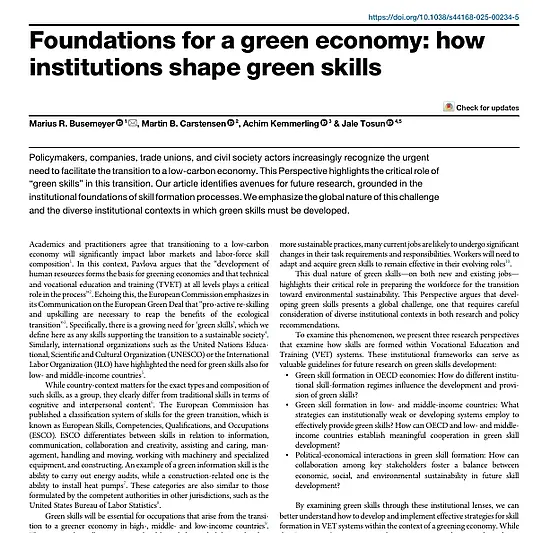 Publication Cover "Foundations for a green economy: how institutions shape green skills"