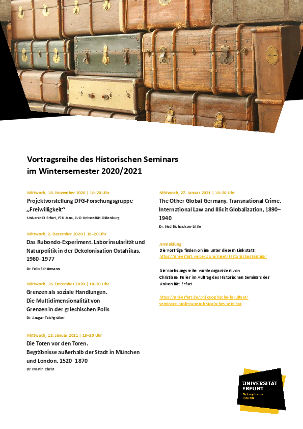 Vortragsreihe des Historischen Seminars im Wintersemester 2020/2021