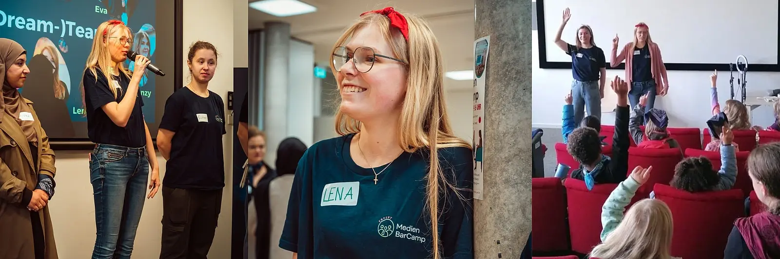 Drei Fotos mit Lena, wie sie auf dem MedienBarcamp arbeitet - als Ansprechperson, vor Kindern im Publikum und mit Mikrofon in der Hand