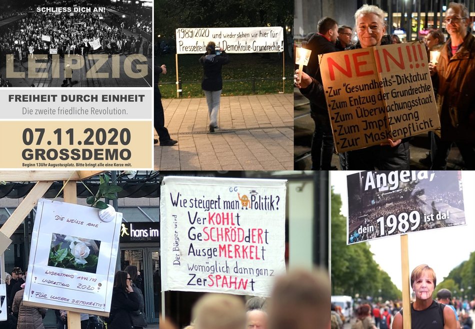 Announcement and snapshots of the "Querdenken" demonstration on 07 November 2020 in Leipzig