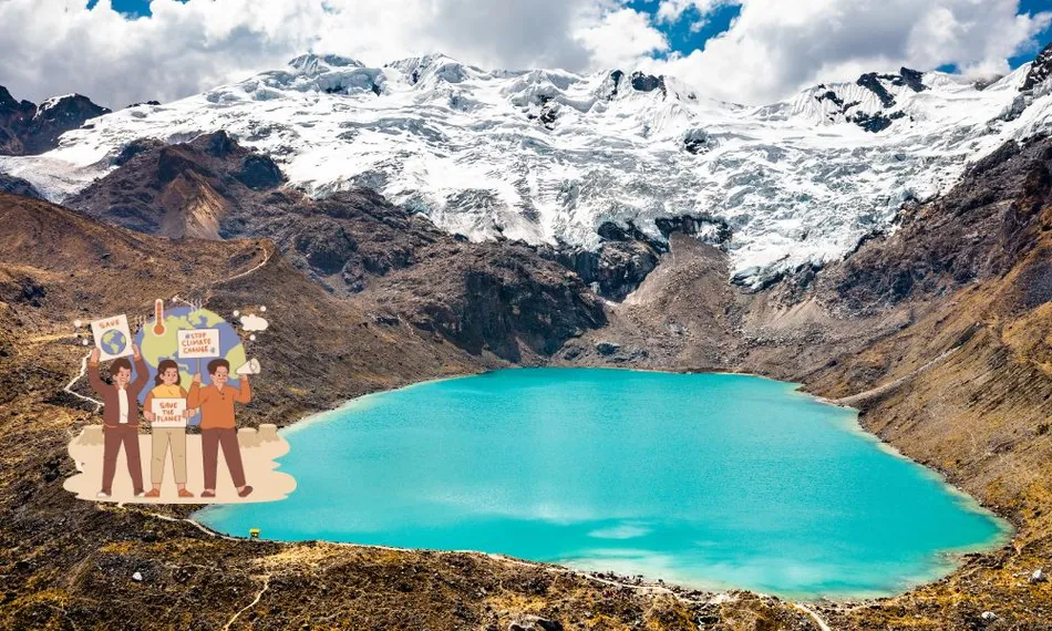 Foto eines Gletschers in Peru, im Hintergrund schneebedeckte Berge, im Vordergrund See, links kleine Grafik mit Klimaaktivist*innen