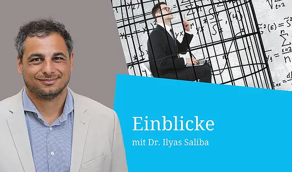 Bildkollage Porträtfoto Dr. Ilyas Saliba lächelnd, dunkle Haare, weißes Jacket auf blauem Hemd, Einblicke, rechts oben eins Grafik eines Wissenschaftlers in einem Käfig
