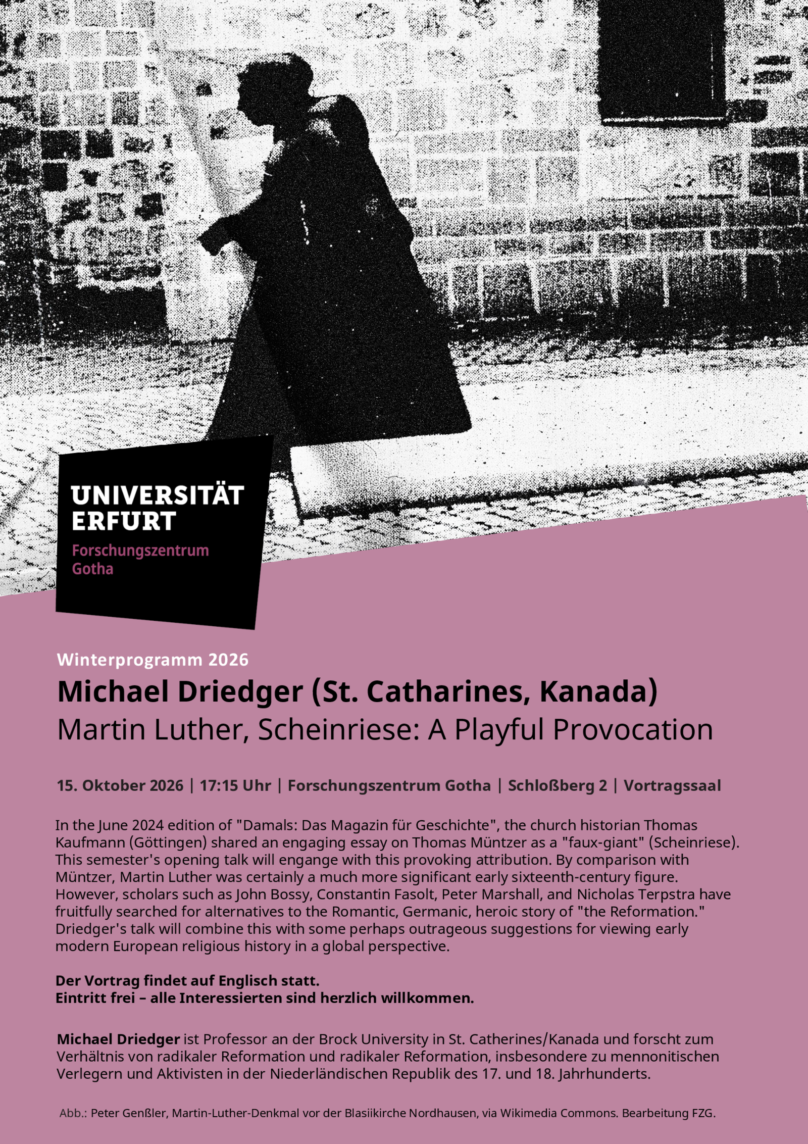 Poster zeigt S/W-Abbildung einer schreitenden Mönchsfigur (Luther-Denkmal an der Blasiikirche in Nordhausen)