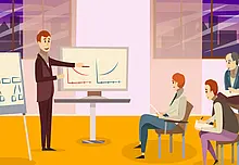 Eine Person zeigt Diagramme und drei Personen sehen zu