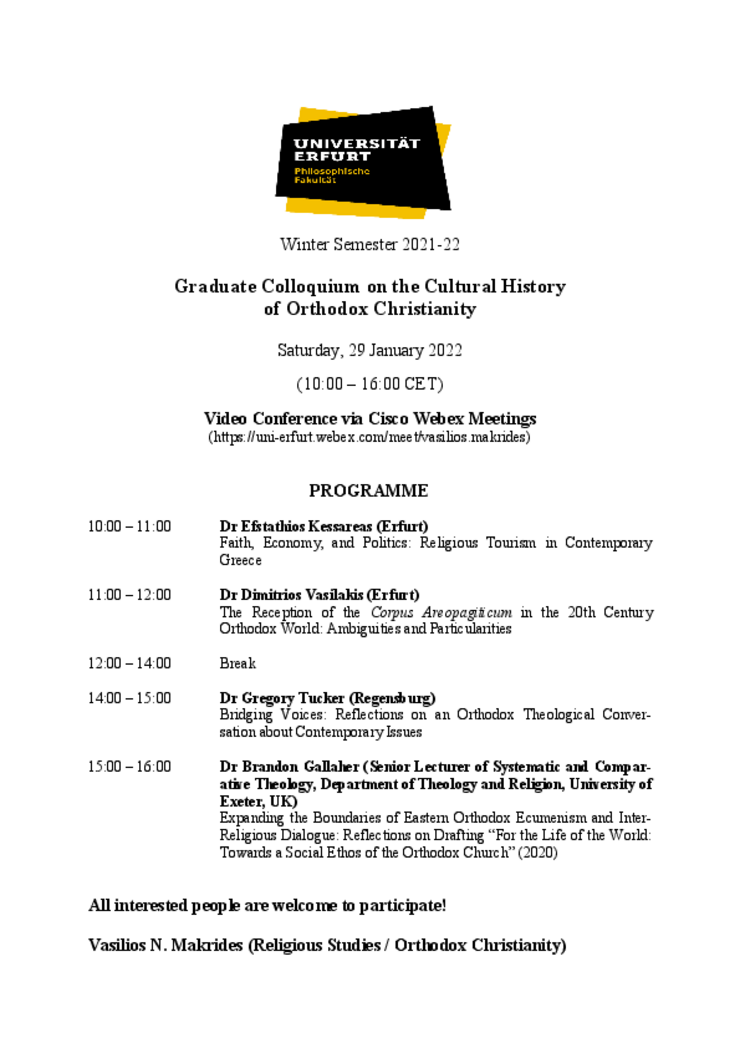Graduate Colloquium on the Cultural History of Orthodox Christianity Saturday, 29 January 2022