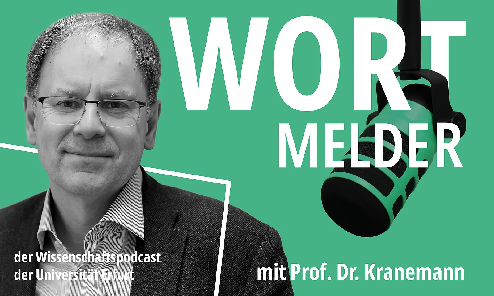 Bildkollage: Foto Benedikt Kranemann in schwarz-weiß, grüner Hintergrund, weißer Text darüber: WORTMELDER, mit Professor B. Kranemann