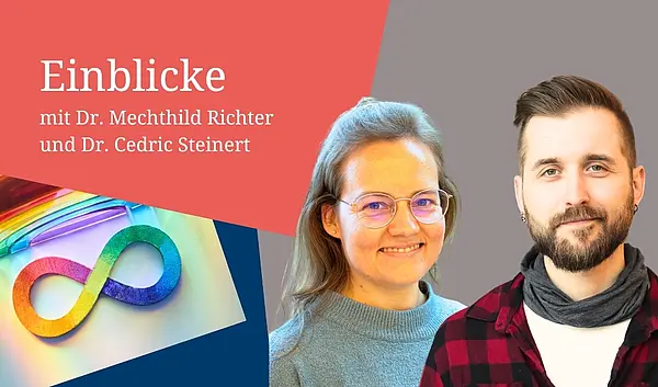 Bildmontage Steinert und Richter, 2 Porträtbilder angeschnitten, unendlich-Zeichen bunt - Wort Einblicke 