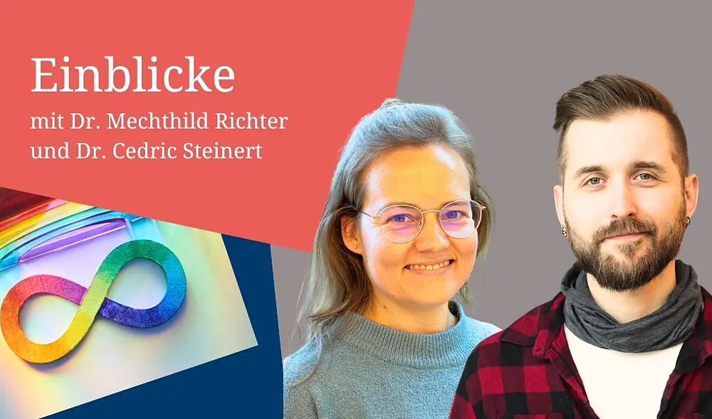 Bildmontage Steinert und Richter, 2 Porträtbilder angeschnitten, unendlich-Zeichen bunt - Wort Einblicke 