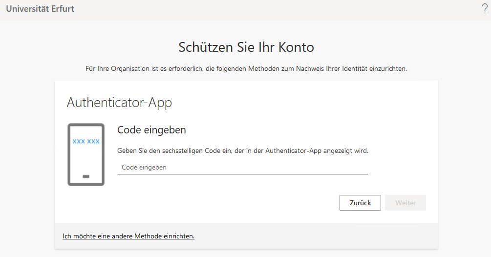 Eingabefenster für Code aus der Authenticator-App