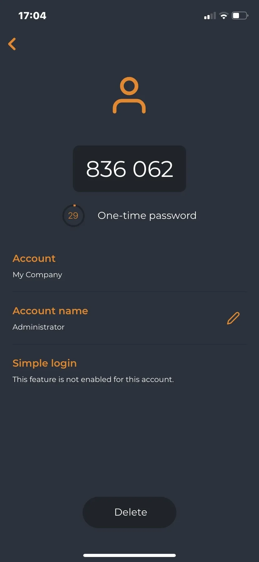 One-time password in der "OpenOTP Token" App