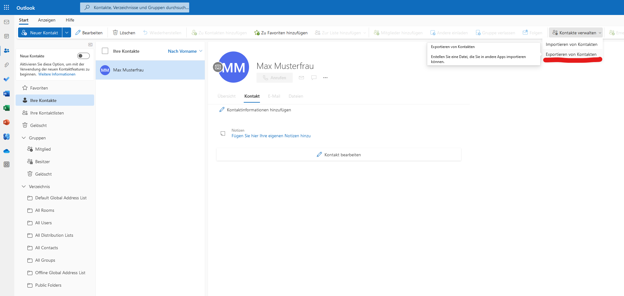 Manage and export contacts in Outlook Online