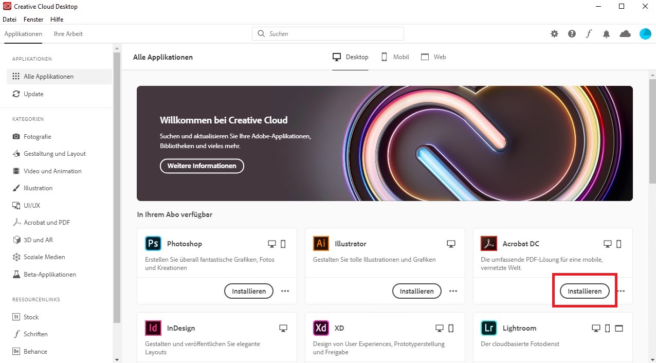Installation of an application in the Adobe Creative Cloud App