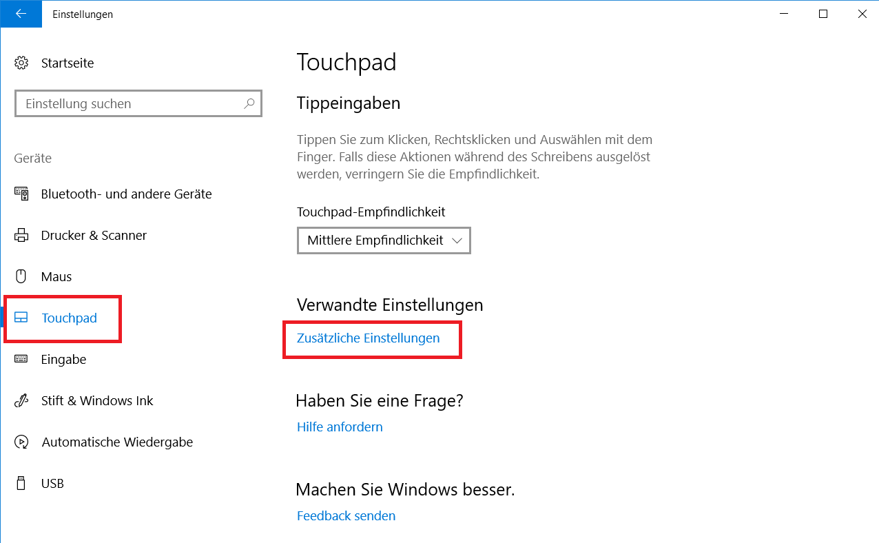 Bereich "Touchpad" in der Rubrik "Geräte" in den Windows-Einstellungen