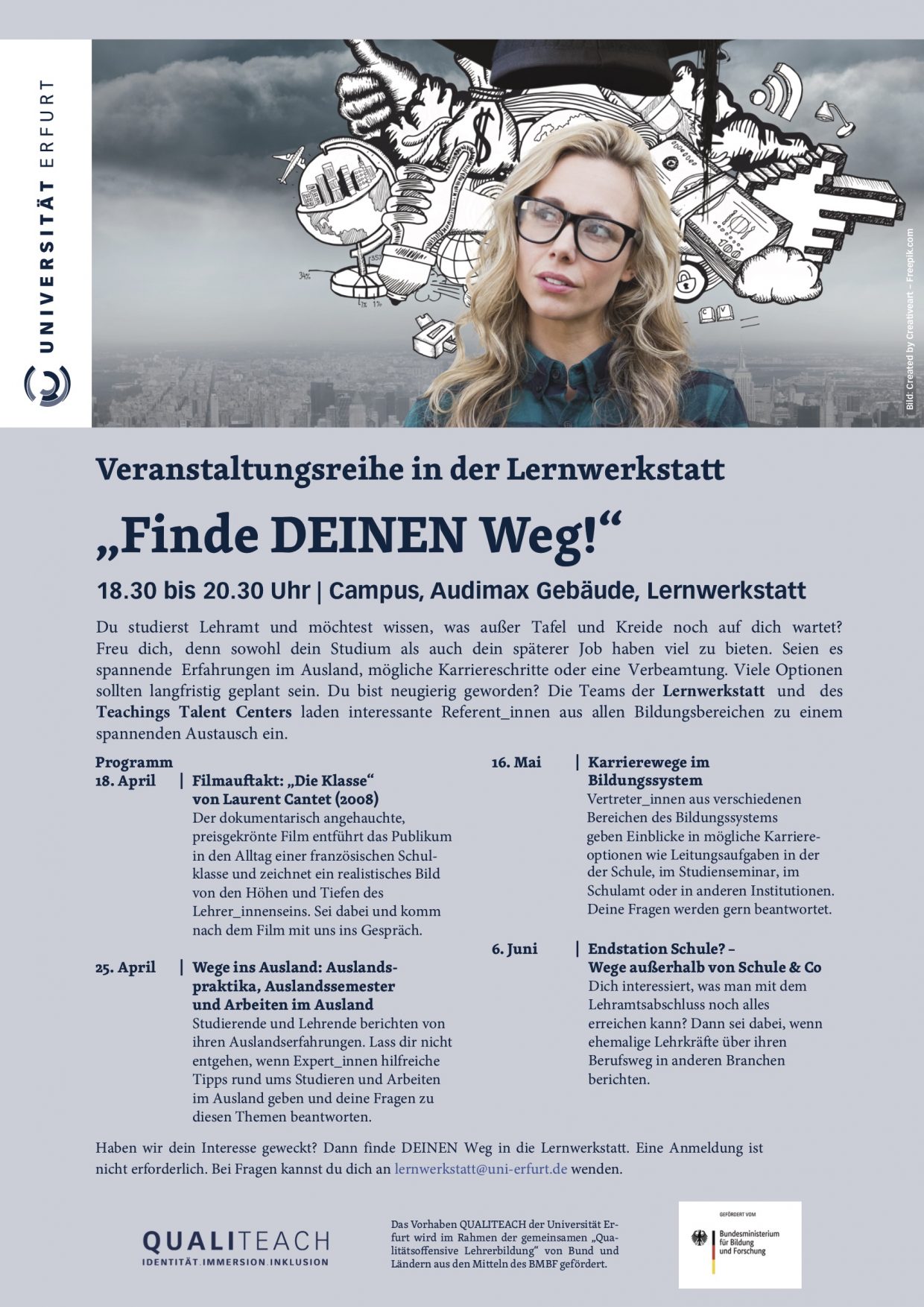 Plakat zur Veranstaltungsreihe der Lernwerkstatt "Finde DEINEN Weg" 2018