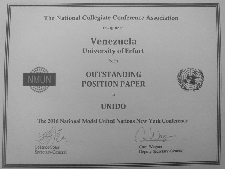 Auszeichnung venezuela Outstanding Position Paper in UNIDO