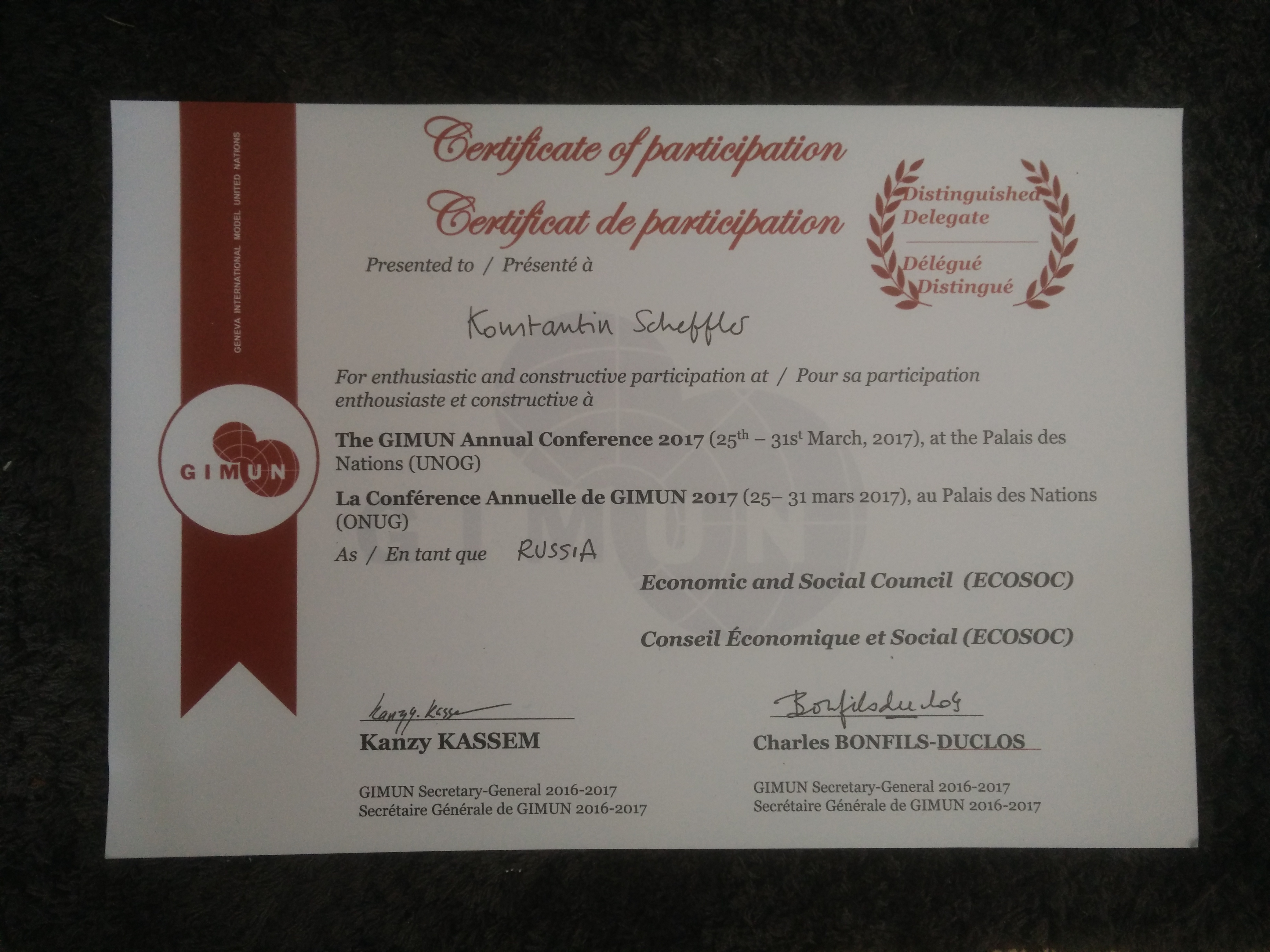 Certificate of participation Konstantin Scheffler